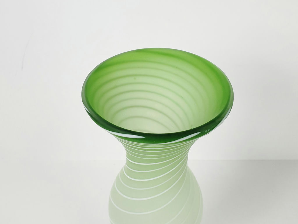 Vintage Murano Style Green Spiraling Mezza Filigrana Frosted Glass Trumpet Vase - image 6 of 9
