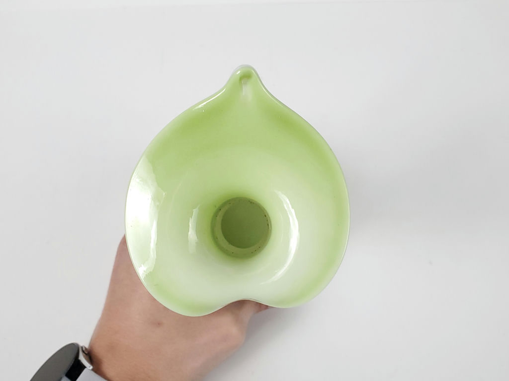 Vintage White Opaque Glass Floriform Trumpet Bud Vase Lime Green Rim - image 5 of 7