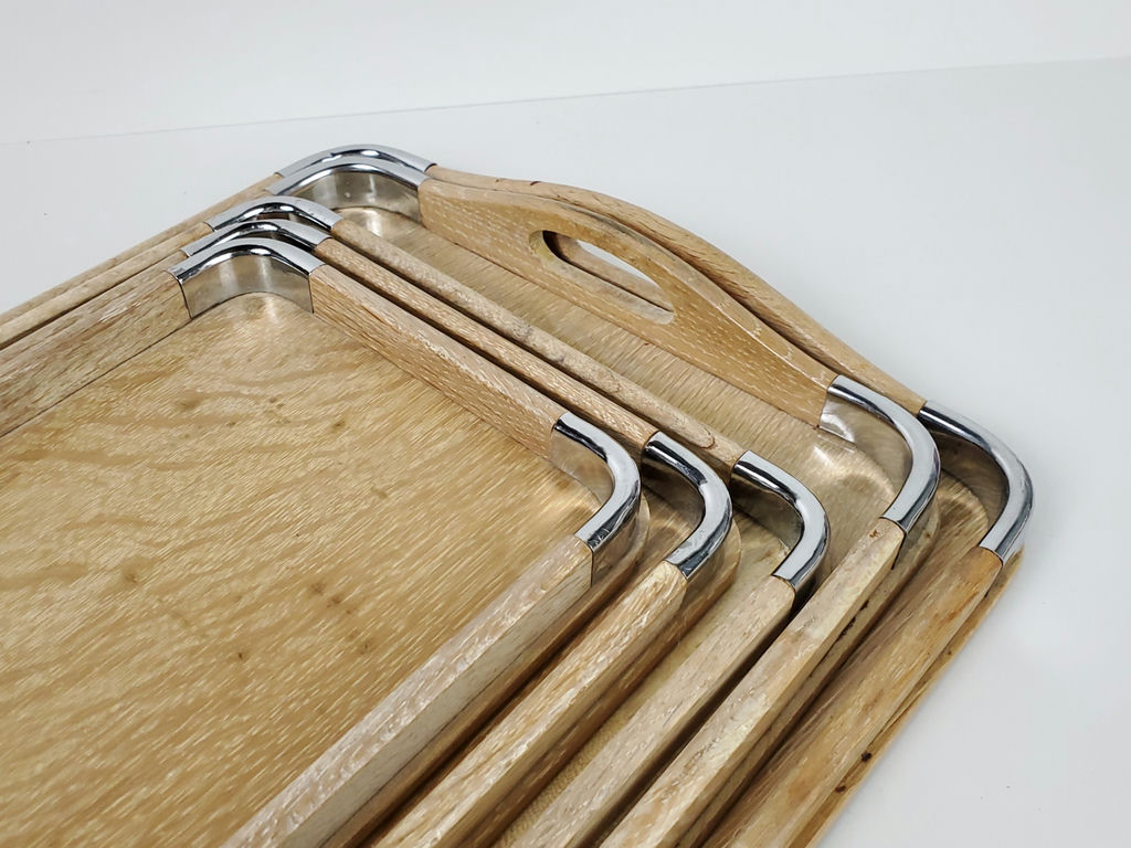 Vintage Mid-Century Wooden Nesting Serving Trays with Chrome Edges - 5 Piece Set - image 6 of 12