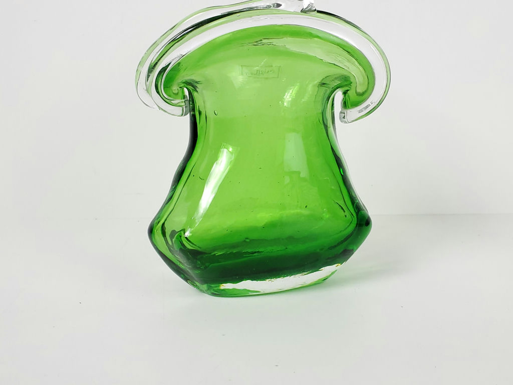 Vintage Murano Style Green Hand Blown Glass Handbag Purse Vase Clear Handles - image 4 of 7