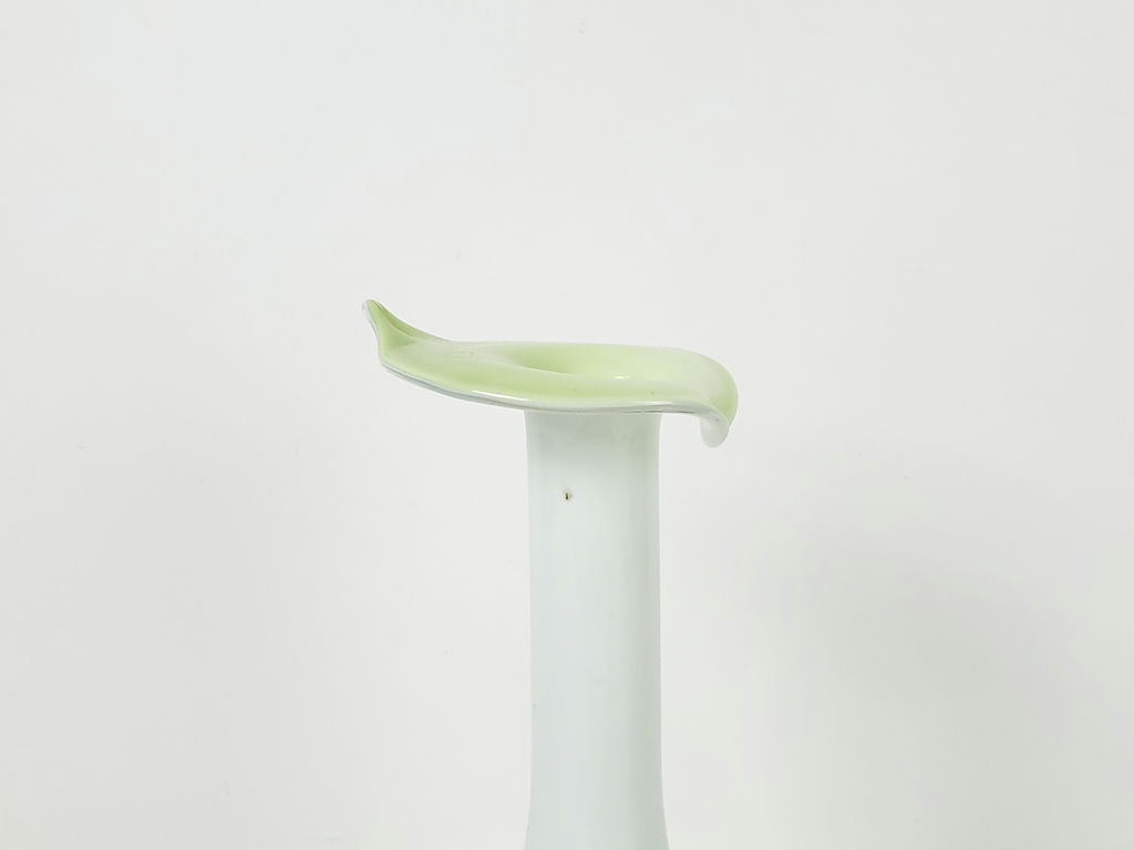 Vintage White Opaque Glass Floriform Trumpet Bud Vase Lime Green Rim - image 7 of 7