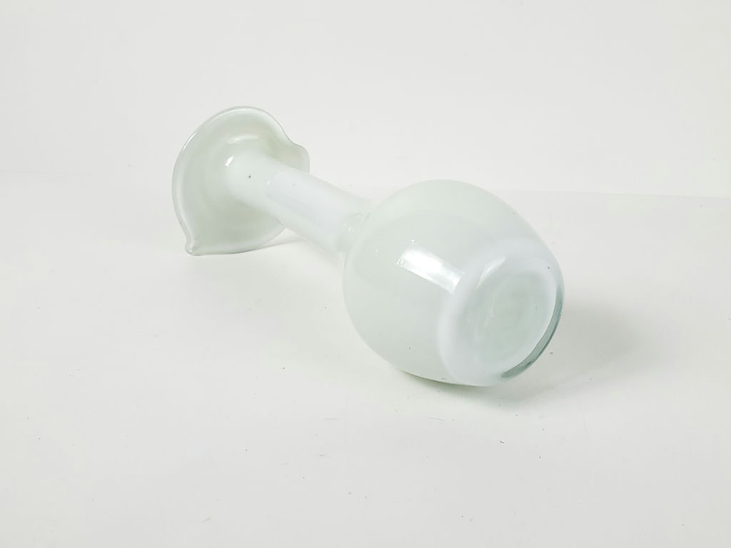 Vintage White Opaque Glass Floriform Trumpet Bud Vase Lime Green Rim - image 4 of 7
