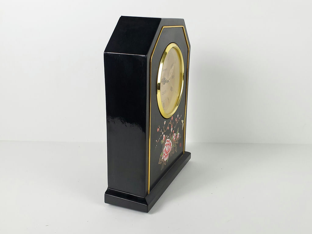 Vintage Charmant Japanese Black Lacquer Floral Mantel Clock - image 8 of 12