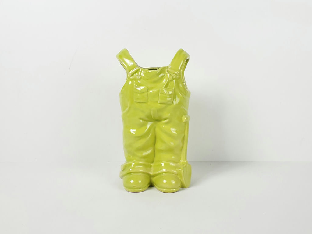 Vintage Lime Green Ceramic Denim Bib Overalls Figural Vase Planter - image 2 of 9