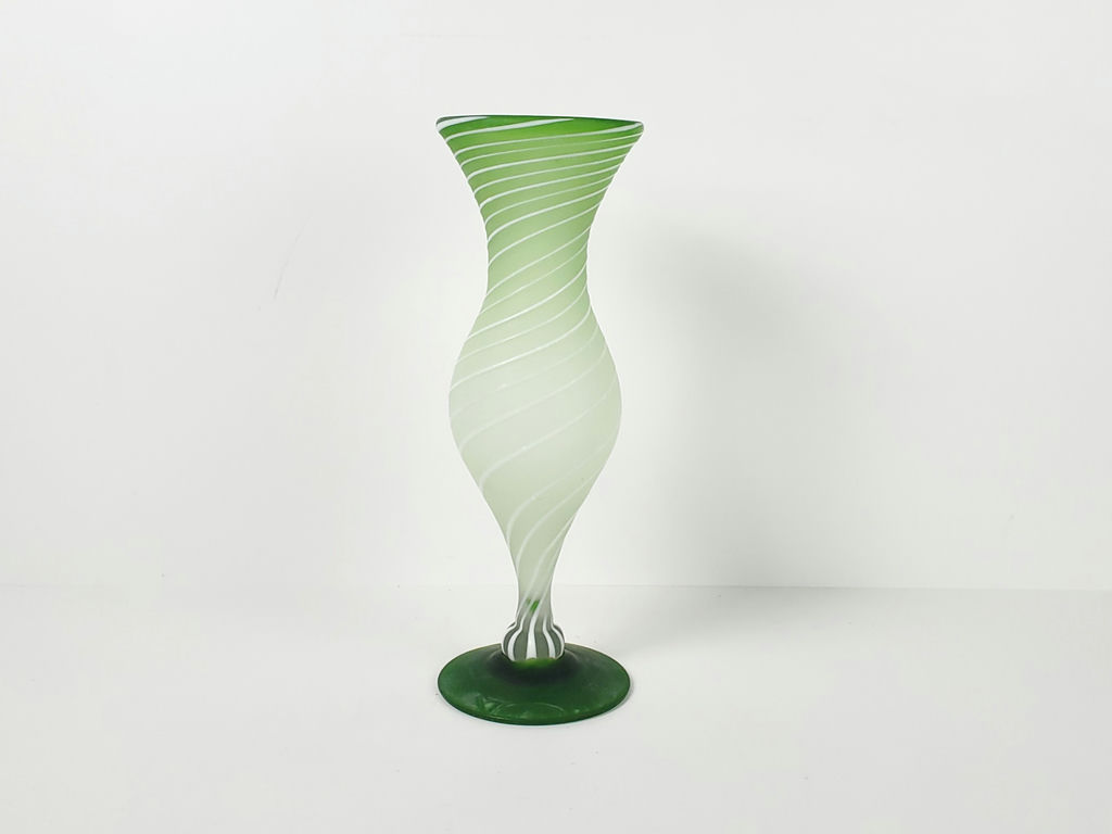 Vintage Murano Style Green Spiraling Mezza Filigrana Frosted Glass Trumpet Vase - image 1 of 9