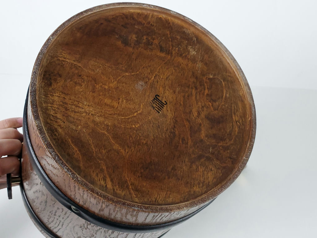 Vintage KMC Japan Solid Wood Barrel Ice Bucket with Leather Accents - image 8 of 10
