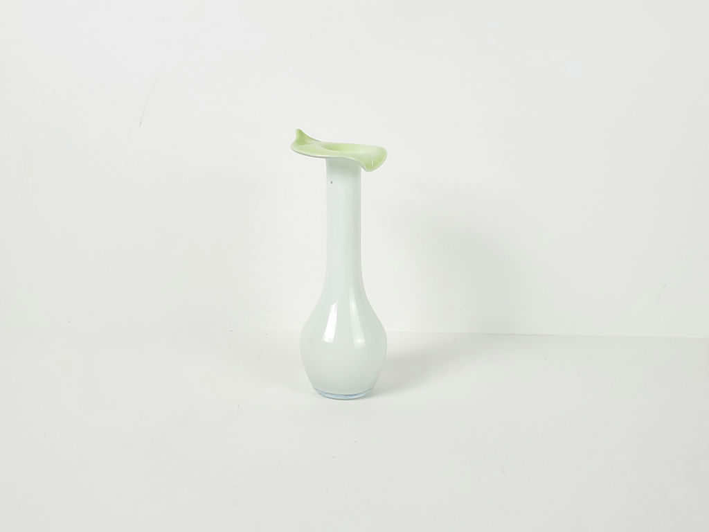 Vintage White Opaque Glass Floriform Trumpet Bud Vase Lime Green Rim - image 1 of 7