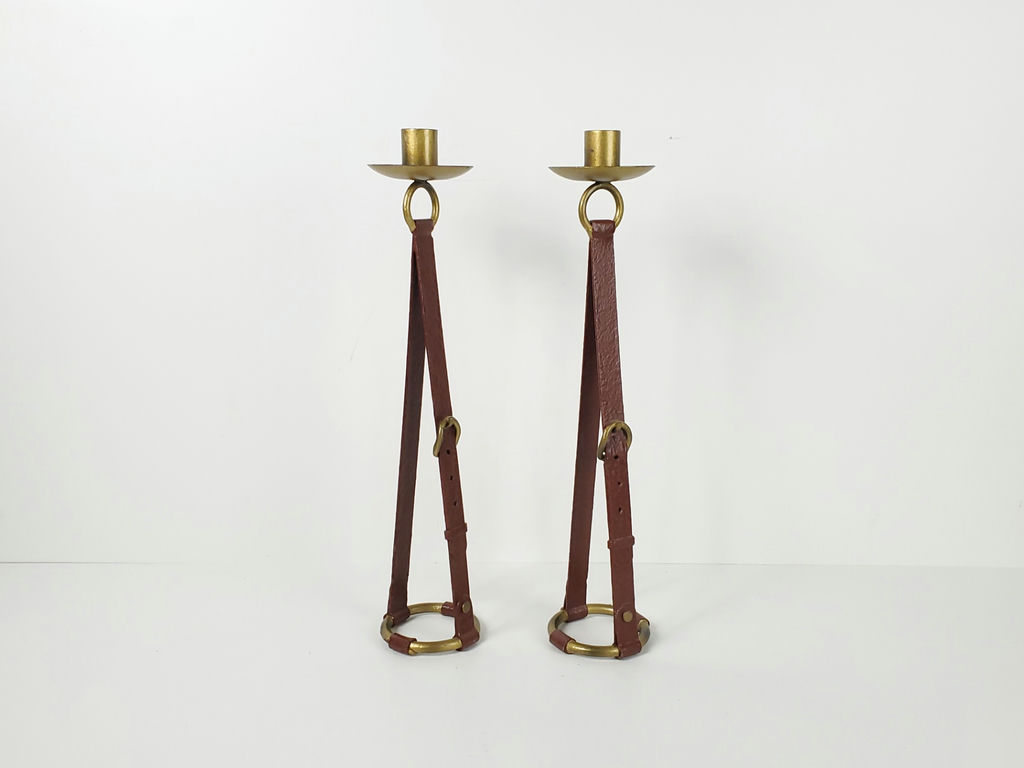 Vintage Brass Belt Buckle Candlestick Holders Equestrian Stirrup Style Pair - image 1 of 8