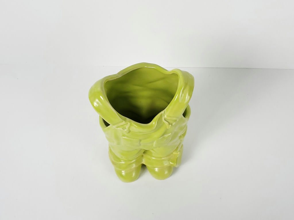 Vintage Lime Green Ceramic Denim Bib Overalls Figural Vase Planter - image 6 of 9