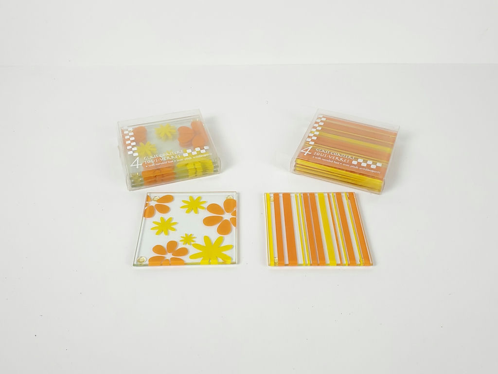 Vintage Retro Floral and Striped Glass Drink Coasters - 2 Set - image 1 of 8