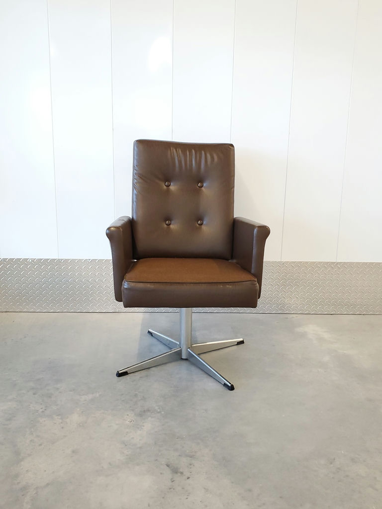 Vintage Mid-Century Brown Faux Leather Swivel Armchair - image 1 of 11