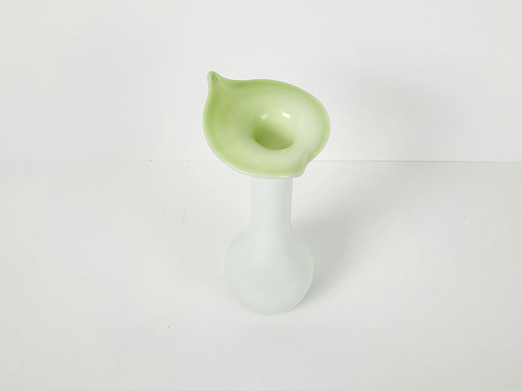 Vintage White Opaque Glass Floriform Trumpet Bud Vase Lime Green Rim - image 2 of 7