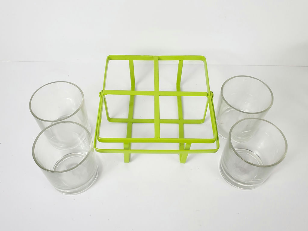 Vintage Mid-Century Lime Green Wire Metal Drinking Glass Carrier Caddy Set - Pair - image 8 of 9