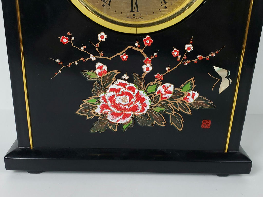 Vintage Charmant Japanese Black Lacquer Floral Mantel Clock - image 3 of 12