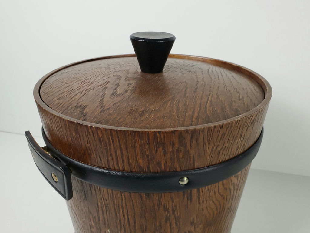 Vintage KMC Japan Solid Wood Barrel Ice Bucket with Leather Accents - image 9 of 10