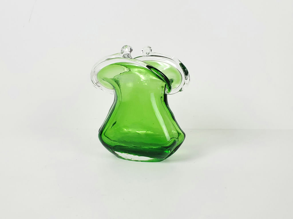 Vintage Murano Style Green Hand Blown Glass Handbag Purse Vase Clear Handles - image 1 of 7