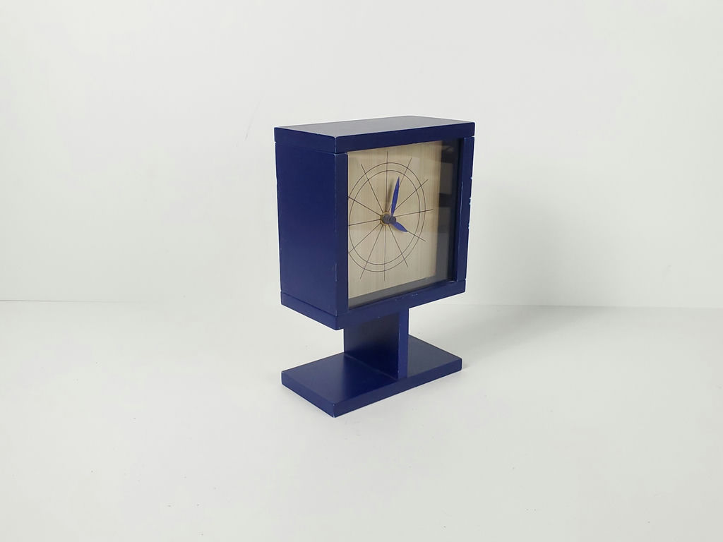 Vintage Memphis Postmodern Blue Wooden Pedestal Desk Clock SKP Japan Quartz - image 2 of 10