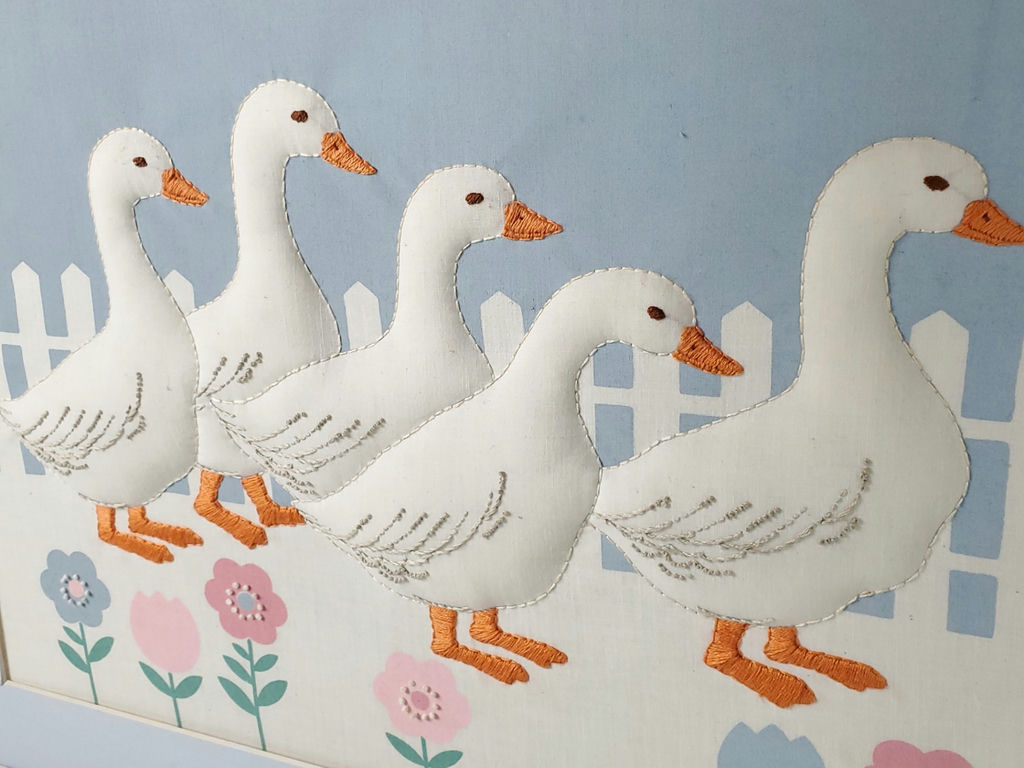 Vintage Country Style Fabric Puffy Applique White Geese Framed Wall Art - image 5 of 10