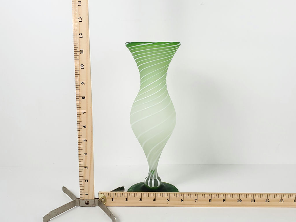 Vintage Murano Style Green Spiraling Mezza Filigrana Frosted Glass Trumpet Vase - image 9 of 9