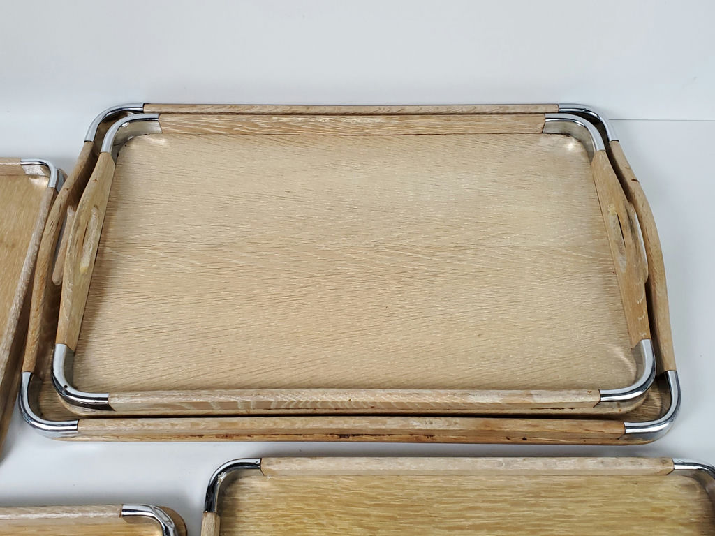 Vintage Mid-Century Wooden Nesting Serving Trays with Chrome Edges - 5 Piece Set - image 4 of 12