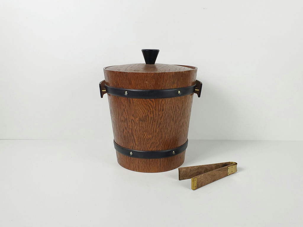 Vintage KMC Japan Solid Wood Barrel Ice Bucket with Leather Accents - image 1 of 10