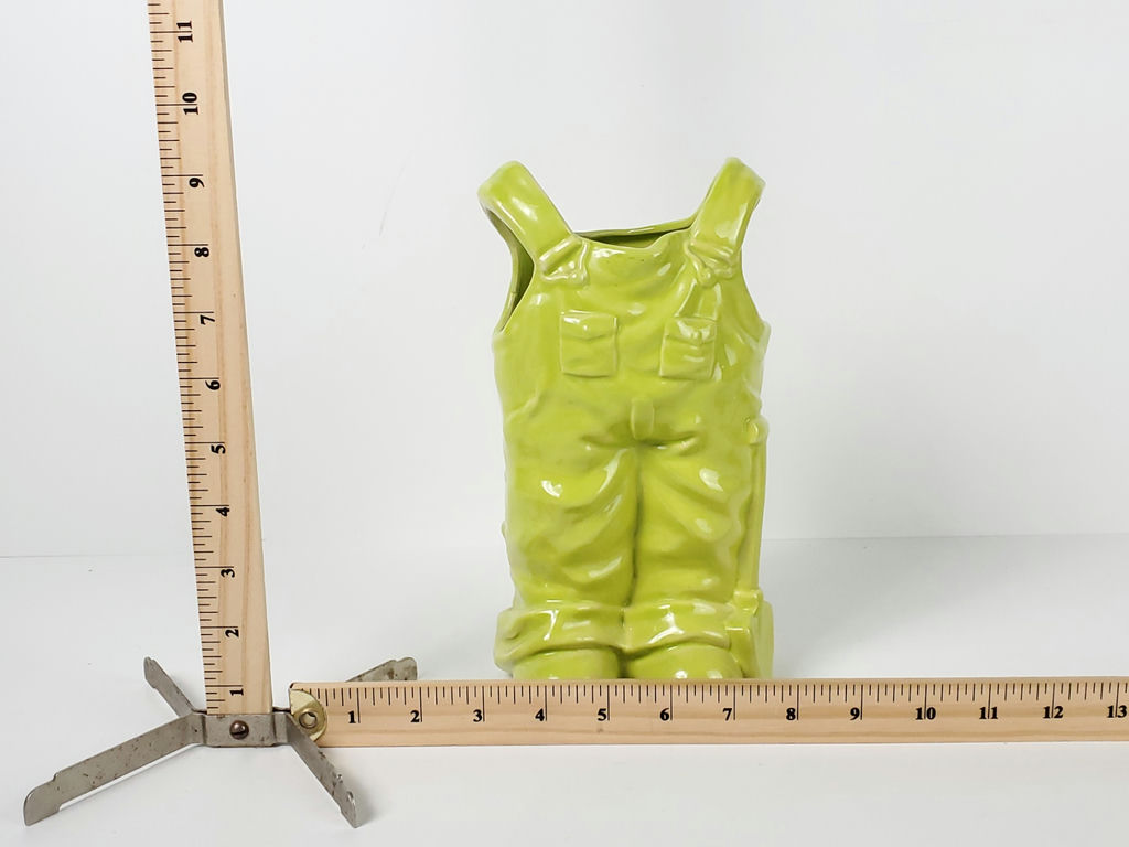 Vintage Lime Green Ceramic Denim Bib Overalls Figural Vase Planter - image 8 of 9