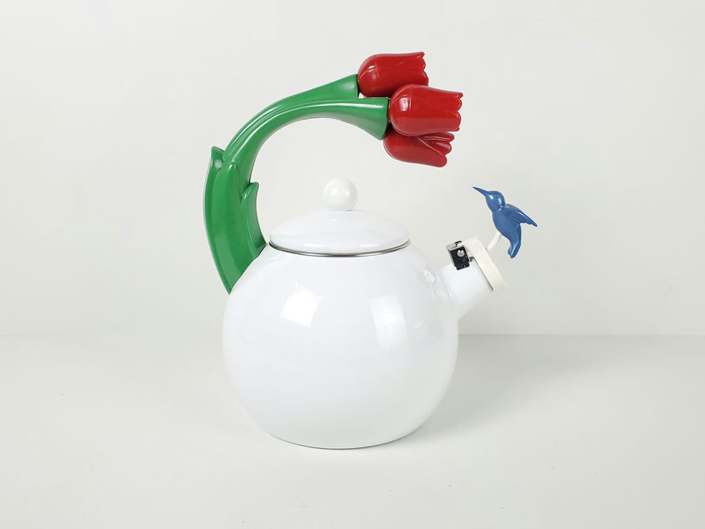 Vintage Ancona Tulip Handle Hummingbird Spout Enamel Whistling Tea Kettle - image 4 of 11