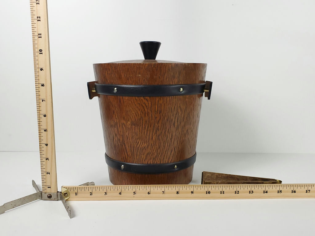 Vintage KMC Japan Solid Wood Barrel Ice Bucket with Leather Accents - image 10 of 10
