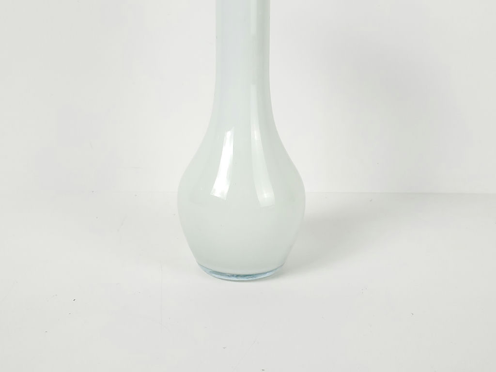 Vintage White Opaque Glass Floriform Trumpet Bud Vase Lime Green Rim - image 3 of 7