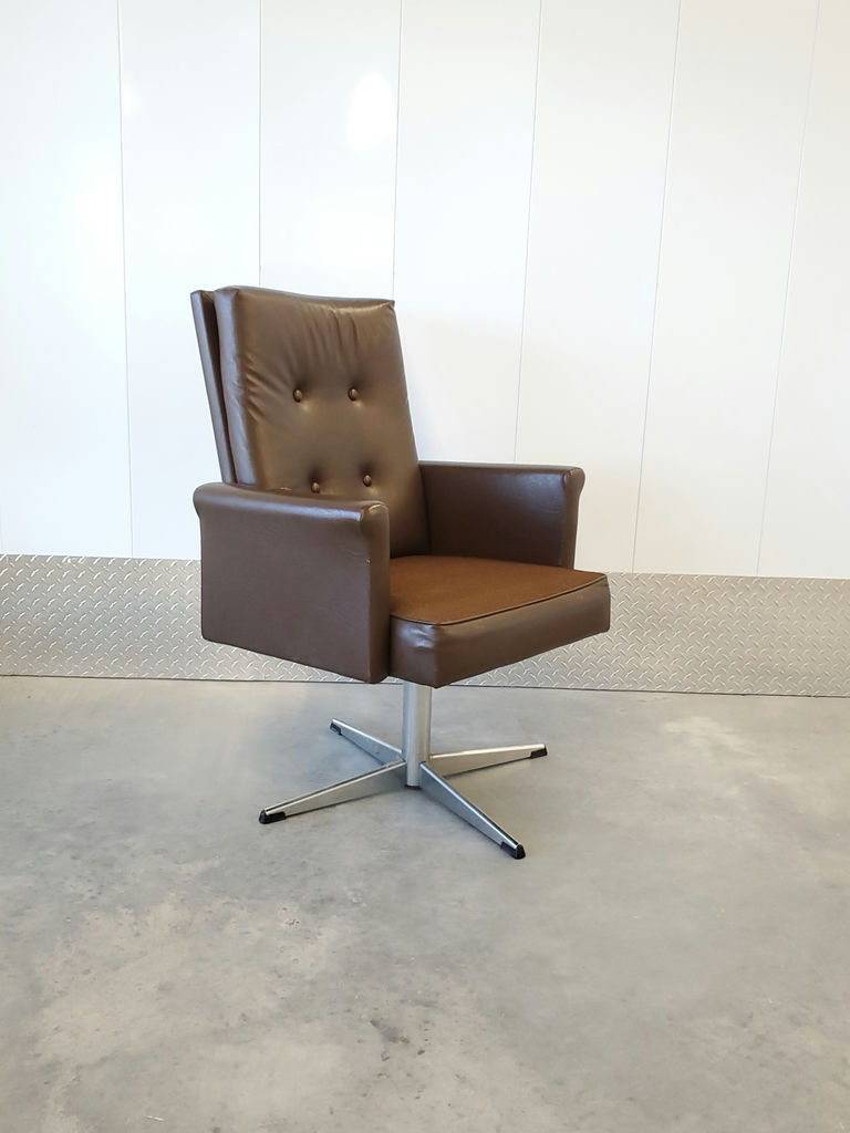 Vintage Mid-Century Brown Faux Leather Swivel Armchair - image 2 of 11