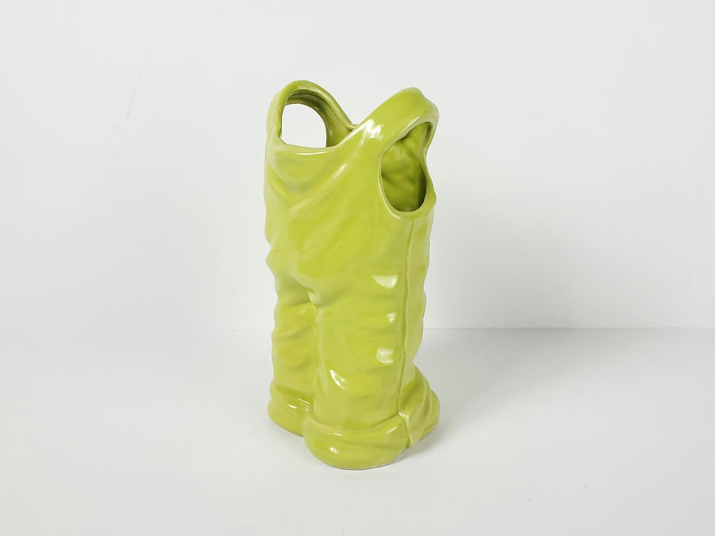 Vintage Lime Green Ceramic Denim Bib Overalls Figural Vase Planter - image 5 of 9