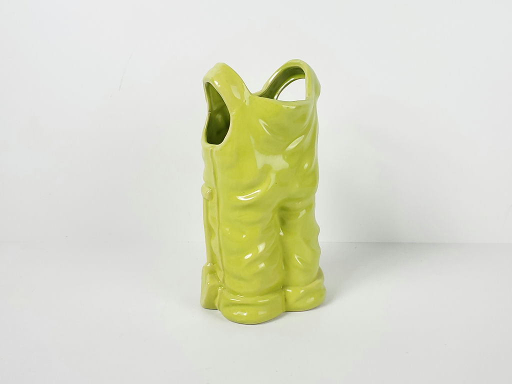 Vintage Lime Green Ceramic Denim Bib Overalls Figural Vase Planter - image 4 of 9