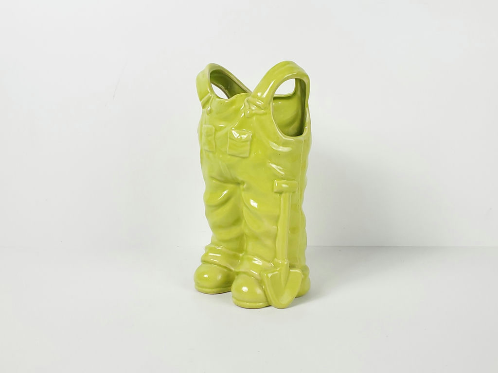 Vintage Lime Green Ceramic Denim Bib Overalls Figural Vase Planter - image 3 of 9