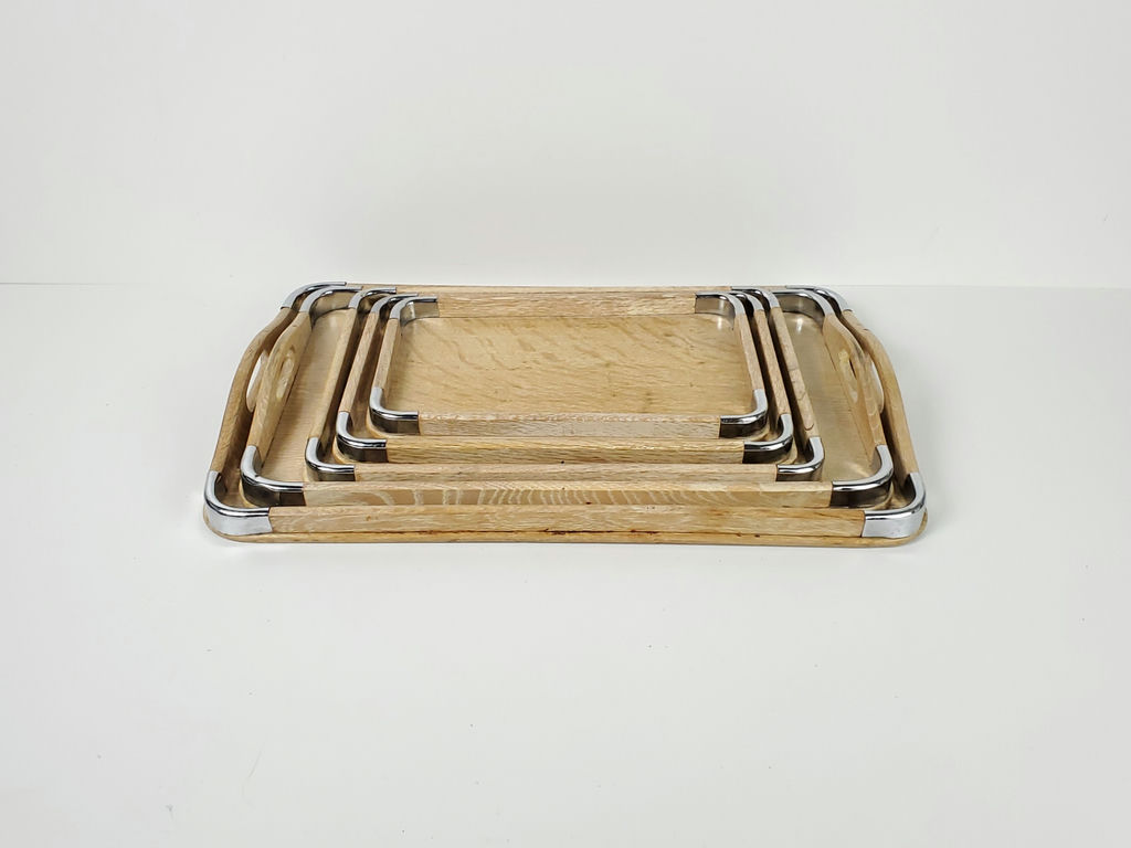 Vintage Mid-Century Wooden Nesting Serving Trays with Chrome Edges - 5 Piece Set - image 1 of 12