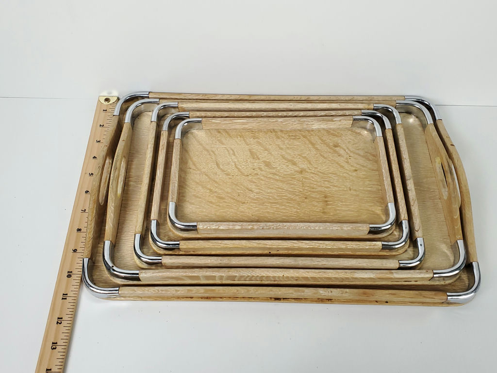 Vintage Mid-Century Wooden Nesting Serving Trays with Chrome Edges - 5 Piece Set - image 10 of 12