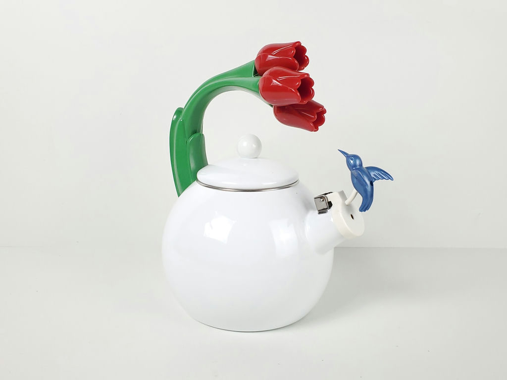 Vintage Ancona Tulip Handle Hummingbird Spout Enamel Whistling Tea Kettle - image 3 of 11