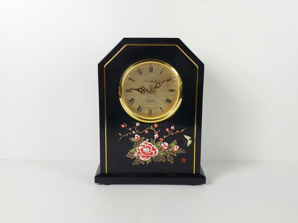 Vintage Charmant Japanese Black Lacquer Floral Mantel Clock - image 1 of 12