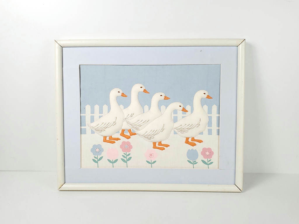 Vintage Country Style Fabric Puffy Applique White Geese Framed Wall Art - image 1 of 10