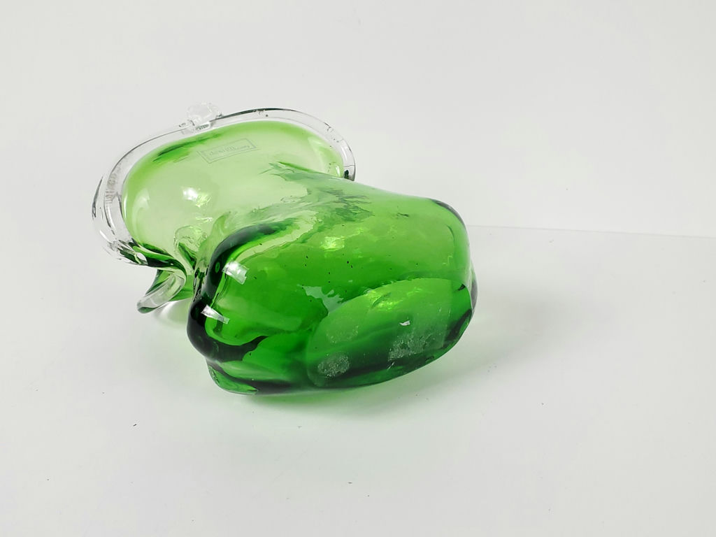 Vintage Murano Style Green Hand Blown Glass Handbag Purse Vase Clear Handles - image 6 of 7