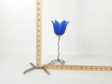 Vintage Blue Frosted Glass Tulip Candlestick with Wavy Pewter Stem - thumbnail 7 of 7