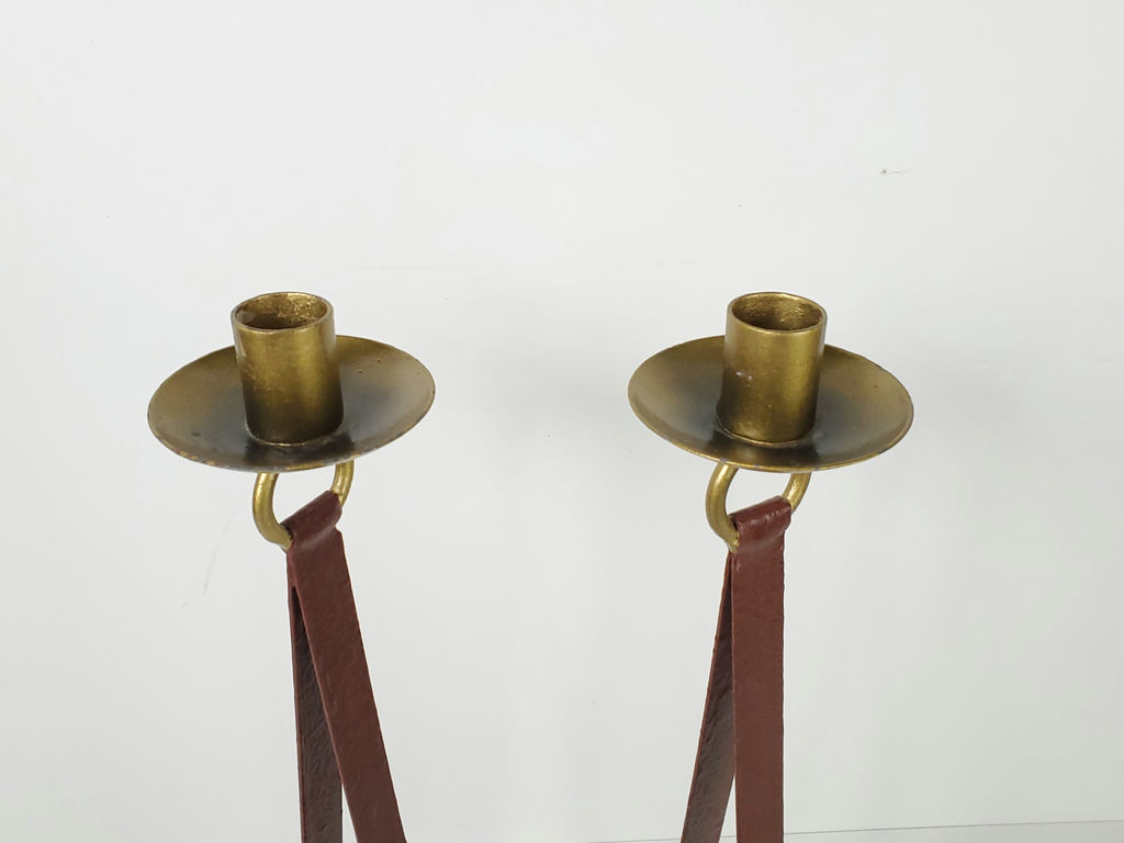 Vintage Brass Belt Buckle Candlestick Holders Equestrian Stirrup Style Pair - image 2 of 8