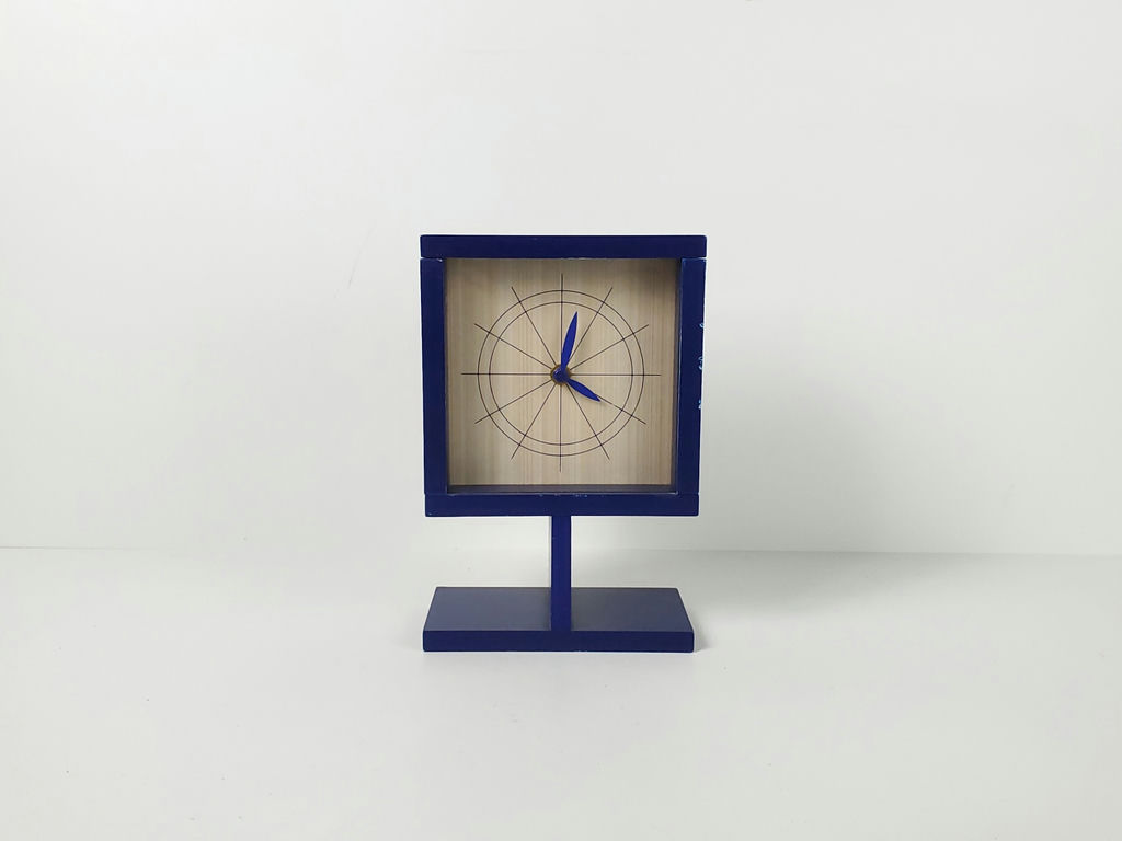 Vintage Memphis Postmodern Blue Wooden Pedestal Desk Clock SKP Japan Quartz - image 1 of 10