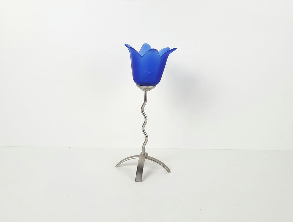 Vintage Blue Frosted Glass Tulip Candlestick with Wavy Pewter Stem - image 1 of 7