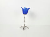 Vintage Blue Frosted Glass Tulip Candlestick with Wavy Pewter Stem - thumbnail 1 of 7