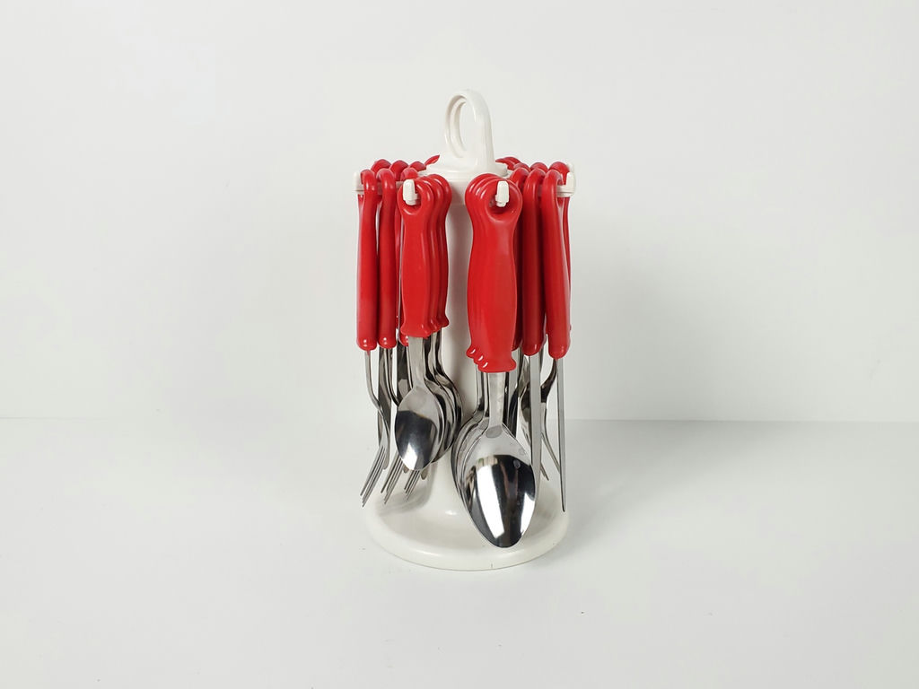 Vintage Retro 24-Piece Red Plastic Handle Flatware Set with Carousel Stand - image 7 of 7