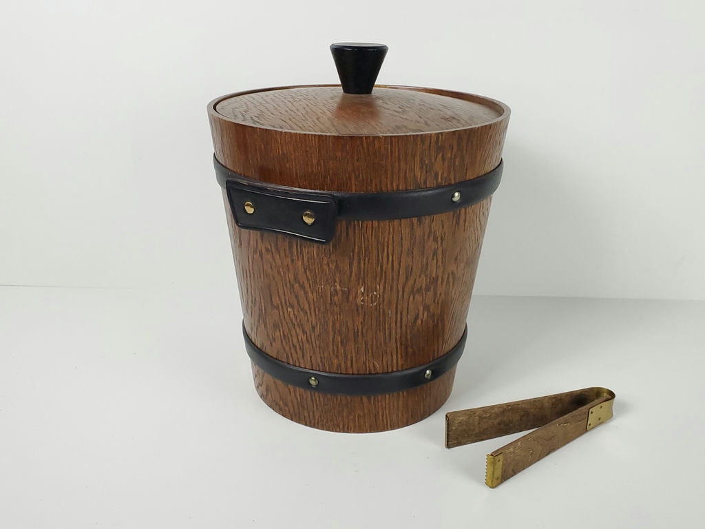 Vintage KMC Japan Solid Wood Barrel Ice Bucket with Leather Accents - image 2 of 10