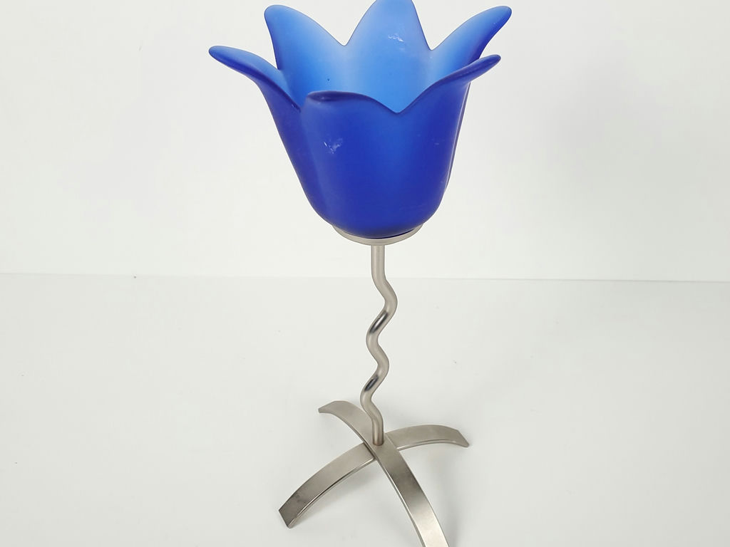 Vintage Blue Frosted Glass Tulip Candlestick with Wavy Pewter Stem - image 5 of 7