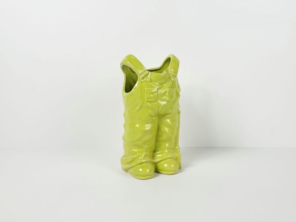 Vintage Lime Green Ceramic Denim Bib Overalls Figural Vase Planter - image 1 of 9