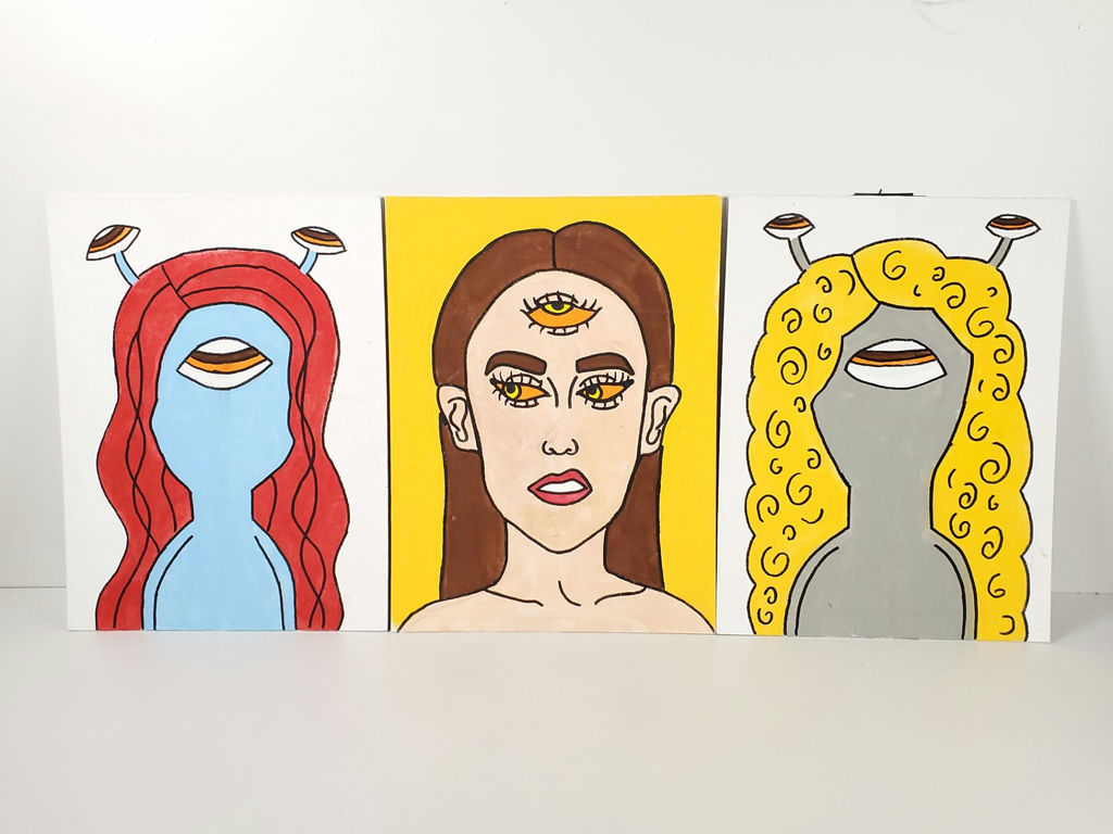 Psychedelic Alien Comic Trippy Canvas Paintings Pop Art Triptych 3 Piece Set - image 1 of 5
