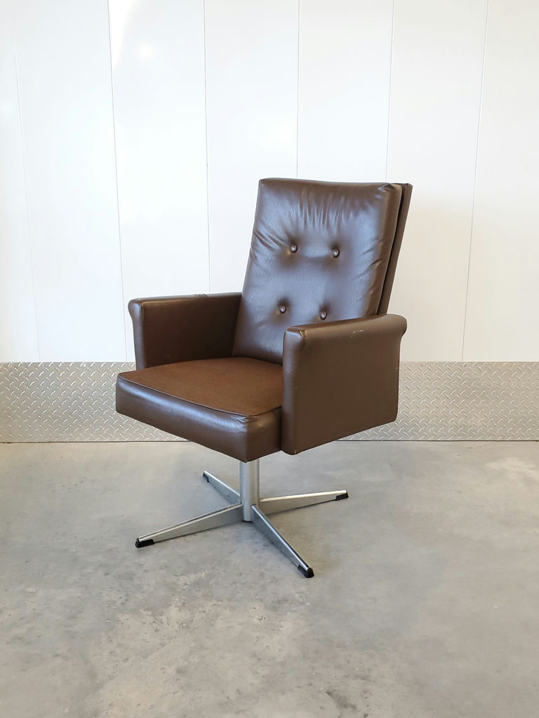 Vintage Mid-Century Brown Faux Leather Swivel Armchair - image 3 of 11